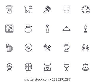 Food line icon set. Collection of outline sign for web design, mobile app, etc. Black line icon of fruit, vegetables, meat, candy, cake. 