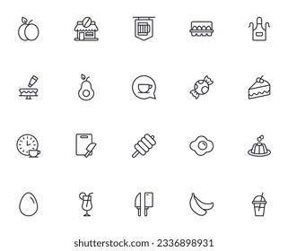 Juego de iconos de línea de alimentos. Colección de símbolos de esquema para diseño web, aplicación móvil, etc. Icono de línea negra de frutas, verduras, carne, caramelos, pastel. 