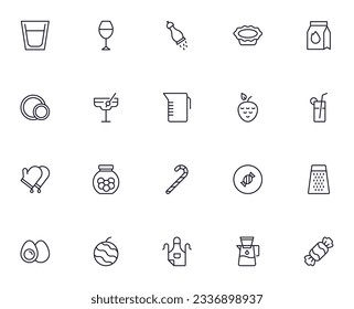 Food line icon set. Collection of outline sign for web design, mobile app, etc. Black line icon of fruit, vegetables, meat, candy, cake. 