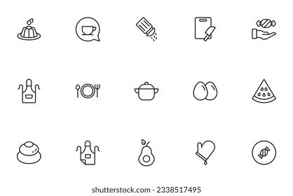 Food line icon set. Collection of outline sign for web design, mobile app, etc. Black line icon of fruit, vegetables, meat, candy, cake. 