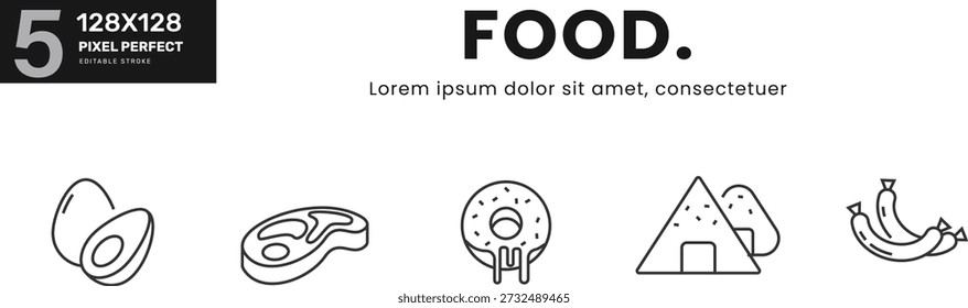 Food line Icon Set collection . Restaurant, cooking, eating, meal, healthy, ingredients, sweet, savoury, cuisine, menu, nutrition. Vector Illustration	
