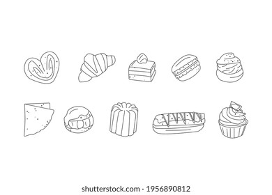 Food line icon set - croissant, profiterole, macaron, eclair, pancake, crepe, canele, palmier, cream puff, cupcake, opera cake.