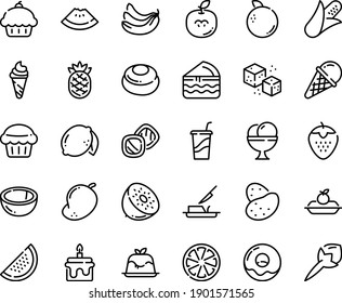 Food line icon set - cupcake, watermelon piece, drink to go, ice cream, panna cotta, donut, charlotte cake, butter knife, refined sugar, muffin, cookies, cheesecake, potato, corn, banana, citrus