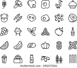 Food line icon set - cupcake, spike, burito, gunkan, basil, olives, salami, champagne, goose, coffee love, kebab, bbq, omelette, egg timer, milk bottle, wheat, broccoli, pumpkin, tomato, melon, kiwi