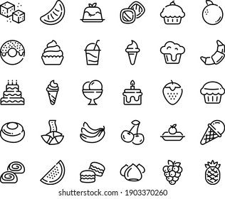 Food Line Icon Set - Cupcake, Donut, Ice Cream Horn, Fortune Cookie, Panna Cotta, Croissant, Charlotte Cake, Cocktail, Meringue, Bakery, Refined Sugar, Big, Muffin, Macarons, Cookies, Cheesecake