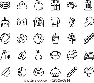 Food line icon set - cupcake, hot dog, tea, ceremony, olives, sausages, cheese plate, irish coffee, pot, rolling pin, egg pack, easter, beer mug, cake, cheesecake, bottle, tap, cabbage, mushroom