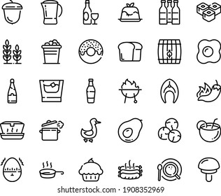 Food line icon set - cupcake, hot pepper, donut, lunch box, sushi roll, panna cotta, wine, acorn, goose, coffee top view, pot, roasted sausages, fish steak, bbq, cooking pan, omelette, egg timer