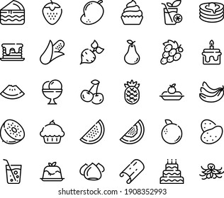Food line icon set - cupcake, watermelon piece, panna cotta, charlotte cake, ice cream, meringue, pancakes, soda glass, smoothies, big, pancake, potato, beet, corn, cherry, banana, strawberry, pear