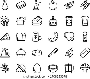 Food line icon set - cupcake, pizza piece, dough and rolling pin, french press, coffee mill, to go, love, meat, kebab, cooking pan, chef knife, egg, omelette, milk bottle, paper cup, bread, cake
