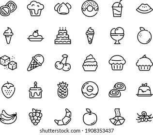 Food line icon set - cupcake, watermelon piece, donut, ice cream horn, fortune cookie, panna cotta, croissant, charlotte cake, cocktail, meringue, bakery, refined sugar, big, muffin, cookies, cherry