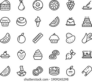 Food Line Icon Set - Cupcake, Ice Cream Horn, Fortune Cookie, Panna Cotta, Donut, Baguette, Charlotte Cake, Bakery, Pancakes, Butter Knife, Big, Muffin, Pancake, Piece, Cookies, Cheesecake, Potato