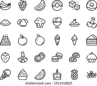 Food line icon set - cupcake, watermelon piece, donut, ice cream horn, fortune cookie, charlotte cake, meringue, bakery, refined sugar, big, macarons, cookies, cherry, banana, strawberry, raspberry