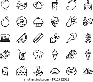 Juego de iconos de la línea de comida - quequito, sandía, helado, bocina, bebida para ir, galleta de la fortuna, uva, donut, baguette, cóctel, merengue, panadería, vaso de soda, torta, panqueque, galletas, tarta de queso, remolacha