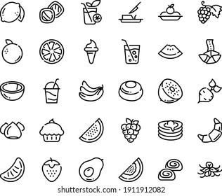 Food line icon set - cupcake, watermelon piece, ice cream horn, fortune cookie, grape, croissant, charlotte cake, cocktail, meringue, bakery, pancakes, butter knife, soda glass, smoothies, cookies