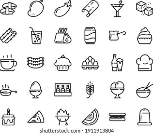 Food Line Icon Set - Cupcake, Spike, Sandwich, Pizza Piece, Rice Bowl, Sashimi, Coffee Cup, Sausages, Ice Cream, Turkish, Refined Sugar, Ribs, Bbq, Chef Hat, Pan, Egg Stand, Pack, Cocktail, Soda