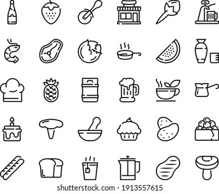 Food line icon set - cupcake, cafe shop, hot tea, shrimp, rice vodka, gunkan, pizza roll knife, beer mug, baguette, french press, turkish coffee, steak, chef hat, pan, green, champagne, bread, cake