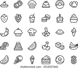 Food line icon set - cupcake, watermelon piece, donut, ice cream horn, fortune cookie, panna cotta, croissant, charlotte cake, cocktail, meringue, bakery, refined sugar, big, muffin, macarons