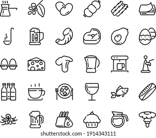 Food line icon set - cupcake, cheese, coffee cup, beer mug, pate can, wine glass, plate, coffe maker, tree, pot, sausage, meat, fish, ribs, ladle, egg stand, easter, turkish, bottle, tap, asparagus