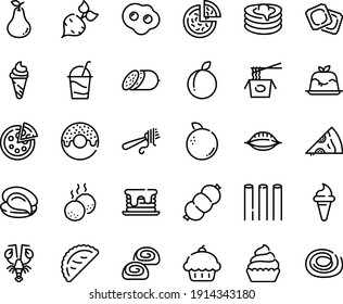 Food line icon set - cupcake, pizza, piece, donut, ice cream horn, chinese pasta, oyster, lobster, calsone, fork with, panna cotta, salami, ravioli, cocktail, bakery, pancakes, sausage, meatballs
