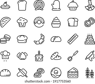 Food line icon set - cupcake, bread, donut, fortune cookie, chef hat, dough and rolling pin, calsone, pretzel, croissant, baguette, charlotte cake, meringue, bakery, whisk, cooking glove, piece, big