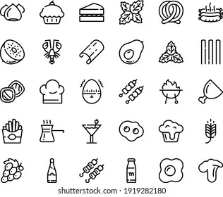 Food Line Icon Set - Cupcake, Spike, French Fries, Kebab, Lobster, Pretzel, Meringue, Ham, Roasted Sausages, Bbq, Chef Hat, Omelette, Egg Timer, Turkish Coffee, Cocktail, Milk Bottle, Champagne