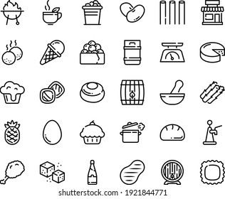 Food line icon set - cupcake, cafe, fried chiken leg, green tea, gunkan, ice cream, beer barrel, cheese, refined sugar, steak, meatballs, bbq, cooking pan, kitchen scales, egg, champagne, bucket