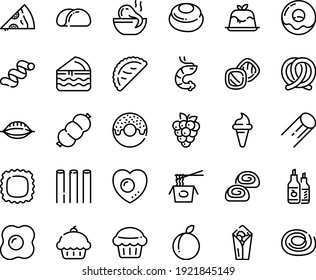 Food line icon set - cupcake, burito, pizza piece, donut, ice cream horn, octopus soup, chinese pasta, shrimp, calsone, panna cotta, pretzel, ketchup, bakery, sausage, omelette, love egg, muffin