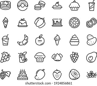 Food line icon set - cupcake, donut, ice cream horn, drink to go, panna cotta, grape, croissant, charlotte cake, cocktail, meringue, pancakes, smoothies, big, muffin, pancake, macarons, cookies