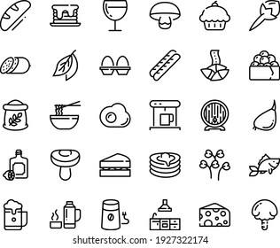 Food line icon set - cupcake, funchose, fortune cookie, gunkan, cheese, lemoncello, salami, beer barrel, baguette, wine glass, pancakes, coffe maker, coffee mill, fish, kitchen, egg stand, omelette