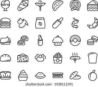 Food line icon set - cupcake, bread, watermelon piece, burger, sandwich, french fries, donut, hot dog, lunch box, dim sum, shrimp, temaki, calsone, cheese, sausage on fork, pretzel, pate can, bakery
