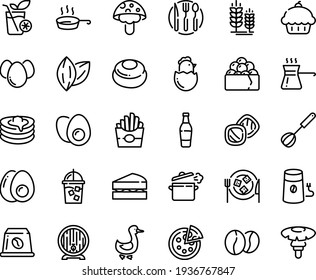 Food line icon set - cupcake, french fries, gunkan, pizza, spike, beer barrel, cheese plate, goose, pancakes, iced coffee, mill, beans, capsule, cooking pan, whisk, fork spoon knife, eggs yolk