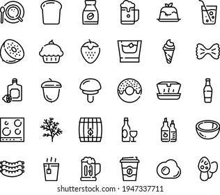 Food line icon set - cupcake, donut, hot tea, coffee to go, ice cream, lunch box, lemoncello, panna cotta, wine, sausages, ketchup, acorn, top view, instant, stove, omelette, beer mug, soda glass