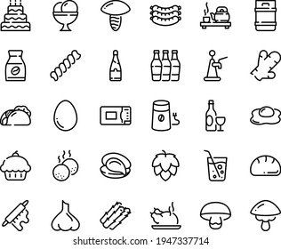 Food line icon set - cupcake, tacos, tea ceremony, oyster, chinese chicken, wine, sausages, ice cream, coffee mill, instant, meatballs, rolling pin, microwave oven, egg, omelette, champagne, bread