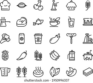 Food Line Icon Set - Cupcake, Spike, Drink, Sausage On Fork, Coffee To Go, Fish, Meat, Ribs, Cutlet, Chef Hat, Cooking, Beaker, French Press, Turkish, Green Tea, Spikes, Pancake, Beer Aluminium, Tap