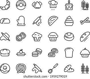 Food line icon set - cupcake, bread, donut, chef hat, dough and rolling pin, calsone, pretzel, spike, croissant, charlotte cake, meringue, bakery, whisk, cooking glove, piece, baguette, muffin