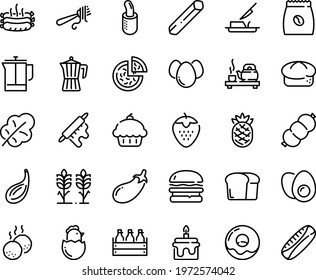 Food line icon set - cupcake, burger, pizza, tea ceremony, fork with pasta, bread, beer box, donut, french hot dog, butter knife, press, coffee pot, pack, sausage, roasted sausages, meatballs, cake