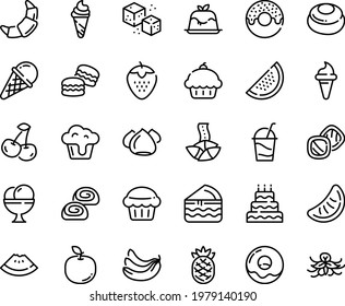 Food line icon set - cupcake, watermelon piece, donut, ice cream horn, fortune cookie, panna cotta, croissant, cocktail, meringue, bakery, refined sugar, big cake, muffin, macarons, cookies, cherry