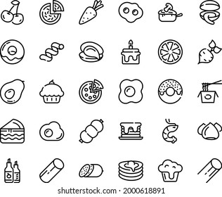 Food line icon set - cupcake, pizza, donut, chinese pasta, clam, oyster, shrimp, salami, ketchup, meringue, julienne, pancakes, sausage, omelette, cake, pancake, piece, carrot, beet, cherry, citrus