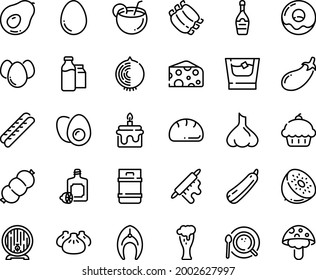 Food line icon set - cupcake, dim sum, cheese, lemoncello, beer barrel, glass, donut, baguette, champagne, coffee top view, milk bootle and pack, sausage, ribs, fish steak, rolling pin, egg, whiskey