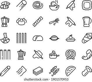 Food line icon set - dim sum, octopus soup, fortune cookie, sashimi, kebab, temaki, dough and rolling pin, calsone, fork with pasta, coffee pot, pretzel, charlotte cake, julienne, tacos bread, penne