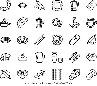 Food line icon set - dim sum, fortune cookie, sashimi, sushi roll, kebab, rice vodka, temaki, dough and rolling pin, calsone, coffee pot, ravioli, pretzel, charlotte cake, julienne, penne, cavatappi
