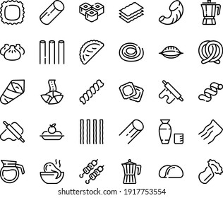 Food line icon set - dim sum, octopus soup, fortune cookie, sushi roll, kebab, rice vodka, temaki, dough and rolling pin, calsone, coffee pot, ravioli, pretzel, charlotte cake, tacos bread, bucatini