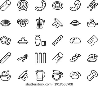 Food line icon set - dim sum, octopus soup, sashimi, sushi roll, kebab, rice vodka, fork with pasta, ravioli, pretzel, charlotte cake, julienne, coffee pot, rolling pin, tacos bread, penne, bucatini