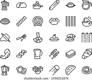 Food line icon set - dim sum, octopus soup, fortune cookie, sashimi, sushi roll, kebab, temaki, dough and rolling pin, calsone, fork with pasta, coffee pot, ravioli, pretzel, charlotte cake, penne