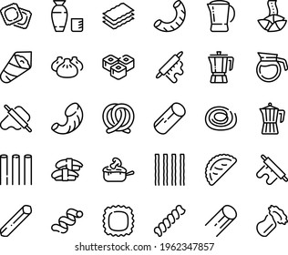 Food line icon set - dim sum, fortune cookie, sashimi, sushi roll, rice vodka, temaki, dough and rolling pin, calsone, coffee pot, ravioli, pretzel, julienne, penne, bucatini, cavatappi, fusilli