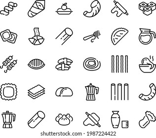 Food line icon set - dim sum, octopus soup, fortune cookie, sashimi, sushi roll, kebab, rice vodka, temaki, dough and rolling pin, calsone, fork with pasta, coffee pot, ravioli, charlotte cake