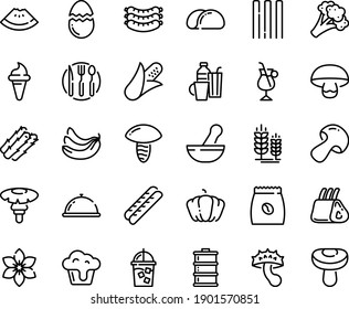 Food line icon set - dish dome, watermelon piece, ice cream horn, sausages, spike, baguette, iced coffee, irish, pack, ribs, fork spoon knife plate, broaken egg, drinks, cupcake, tacos bread, corn