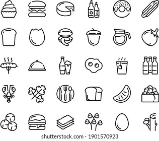 Food line icon set - dish dome, burger, hot dog, donut, tea, clam, lobster, gunkan, ketchup, acorn, cheese, cupcake, sausage on fork, spoon knife plate, egg, broaken, omelette, coffee pot, tomato
