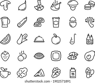 Food line icon set - dish dome, green tea, pizza piece, fortune cookie, sashimi, ketchup, milk tank, fried chicken, bakery, coffee to go, pot, meatballs, ladle, broaken egg, macarons, corn, arugula