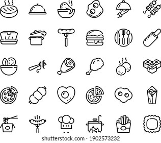 Food line icon set - dish dome, salad, french fries, pizza, burito, sausage on fork, fried chiken leg, hot dog, lunch box, octopus soup, chinese pasta, sushi roll, kebab, chef hat, with, ham, burger